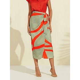 Satin Color Block Elastic Waist Midi Skirt