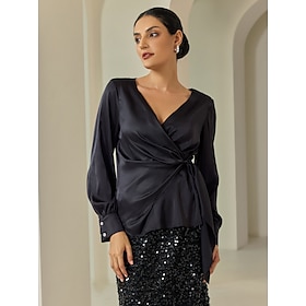 Satin Lantern Sleeve Black Elegant V Neck Blouse