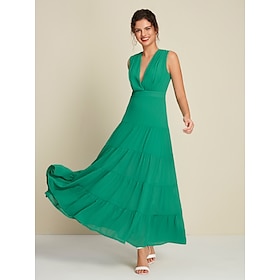 Green Chiffon Wedding Guest Hem Ruched Deep V Neck Sleeveless Maxi Dress dress to impress Christmas Dress 2024